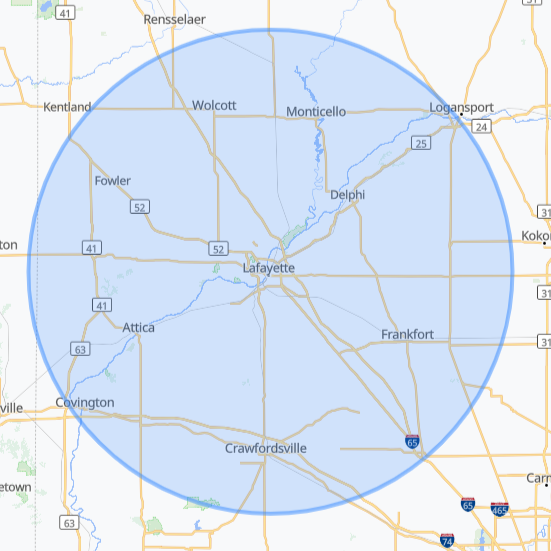 35-mile service radius map from Lafayette, IN